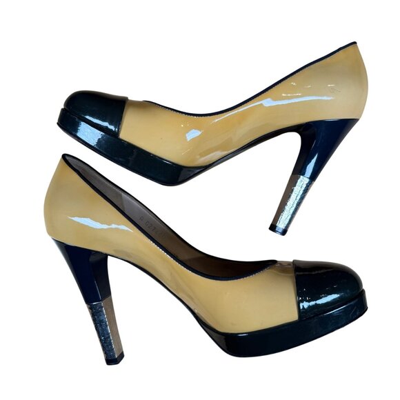 Chanel CC Patent Leather Cap Toe Multicolor Metal Heel Pumps Size 38.5 - Picture 11 of 13